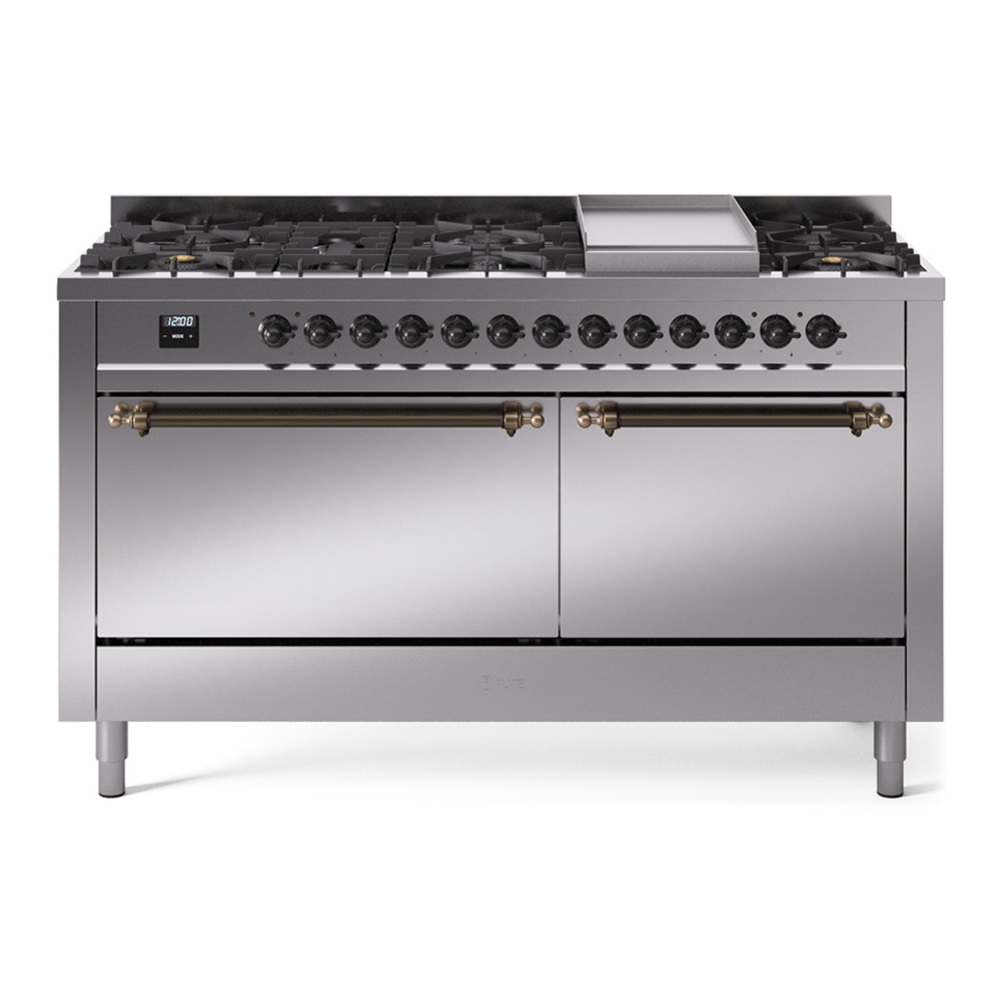 ILVE UP60FQNMPSSBLP Nostalgie II 60 inch Dual Fuel Range with 5.8 cu. ft. Total Double Oven Capacity (9 Sealed Burners + Griddle, Liquid Propane, Solid Door, Stainless Steel, Burnished) 1 UP60FQNMPSSBLP