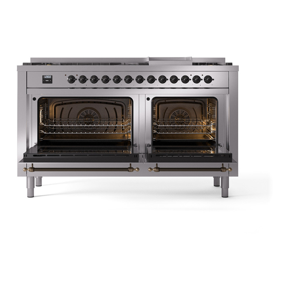 ILVE UP60FQNMPSSB Nostalgie II 60 inch Dual Fuel Range with 5.8 cu. ft. Total Double Oven Capacity (9 Sealed Burners + Griddle, Natural Gas, Solid Door, Stainless Steel, Burnished) 5 ILVE_UP60FQNMPSSB_Nostalgie_II_Dual_Fuel_Range_oven_door_opened