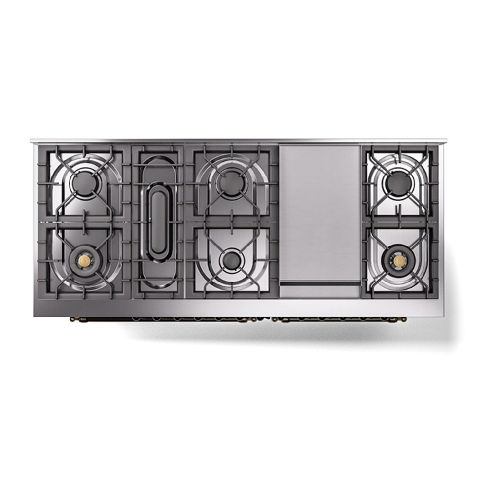 ILVE UP60FQNMPSSB Nostalgie II 60 inch Dual Fuel Range with 5.8 cu. ft. Total Double Oven Capacity (9 Sealed Burners + Griddle, Natural Gas, Solid Door, Stainless Steel, Burnished) 6 ILVE_UP60FQNMPSSB_Nostalgie_II_Dual_Fuel_Range_top_view