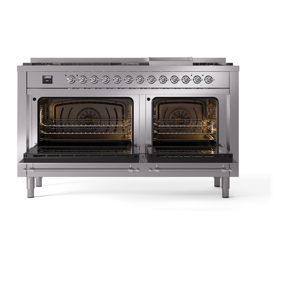 ILVE UP60FQNMPSSCLP Nostalgie II 60 inch Dual Fuel Range with 5.8 cu. ft. Total Double Oven Capacity (9 Sealed Burners + Griddle, Liquid Propane, Solid Door, Stainless Steel, Chrome) 5 ILVE_UP60FQNMPSSCLP_Nostalgie_II_Dual_Fuel_Range_oven_door_opened