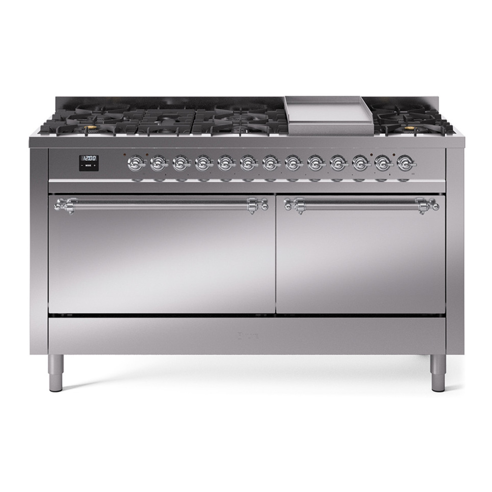 ILVE UP60FQNMPSSC Nostalgie II 60 inch Dual Fuel Range with 5.8 cu. ft. Total Double Oven Capacity (9 Sealed Burners + Griddle, Natural Gas, Solid Door, Stainless Steel, Chrome) 1 UP60FQNMPSSC