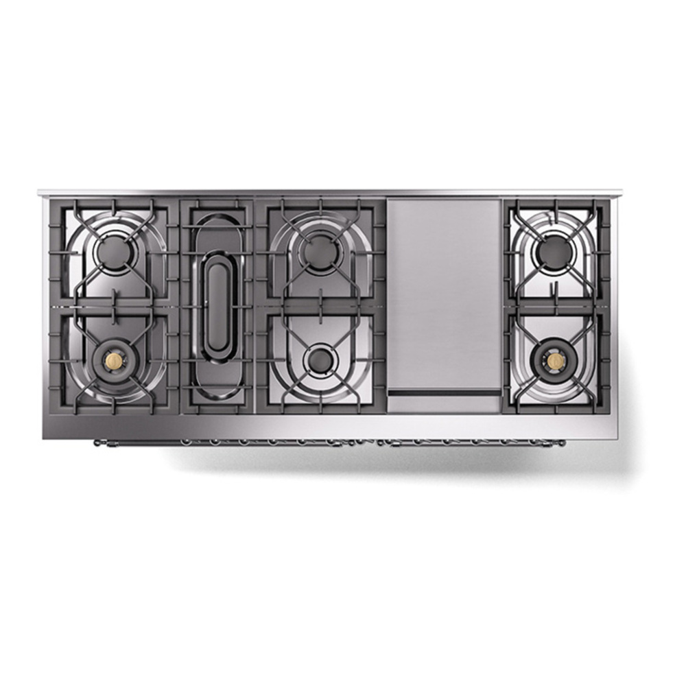 ILVE UP60FQNMPSSC Nostalgie II 60 inch Dual Fuel Range with 5.8 cu. ft. Total Double Oven Capacity (9 Sealed Burners + Griddle, Natural Gas, Solid Door, Stainless Steel, Chrome) 6 ILVE_UP60FQNMPSSC_Nostalgie_II_Dual_Fuel_Range_top_view