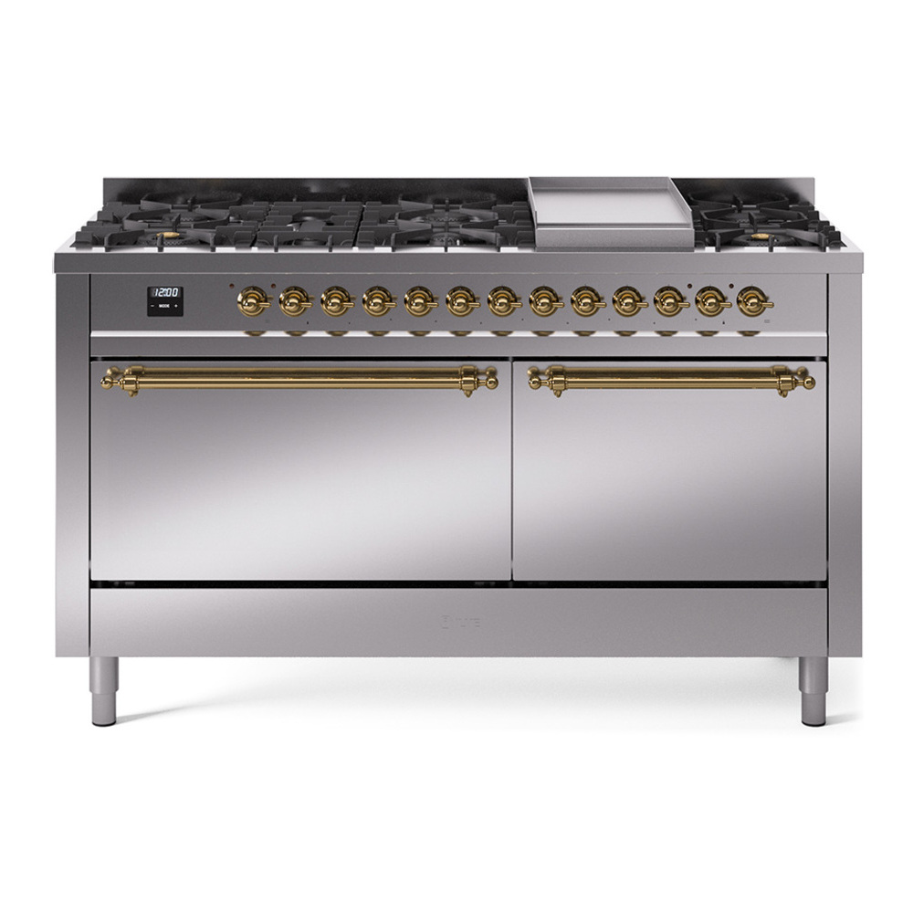 ILVE UP60FQNMPSSG Nostalgie II 60 inch Dual Fuel Range with 5.8 cu. ft. Total Double Oven Capacity (9 Sealed Burners + Griddle, Natural Gas, Solid Door, Stainless Steel, Brass) 1 UP60FQNMPSSG