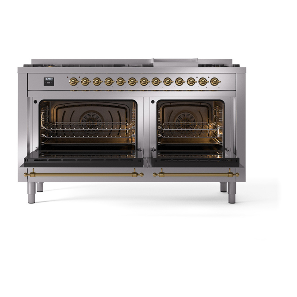 ILVE UP60FQNMPSSG Nostalgie II 60 inch Dual Fuel Range with 5.8 cu. ft. Total Double Oven Capacity (9 Sealed Burners + Griddle, Natural Gas, Solid Door, Stainless Steel, Brass) 5 ILVE_UP60FQNMPSSG_Nostalgie_II_Dual_Fuel_Range_oven_door_opened