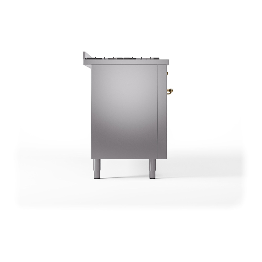 ILVE UP60FQNMPSSG Nostalgie II 60 inch Dual Fuel Range with 5.8 cu. ft. Total Double Oven Capacity (9 Sealed Burners + Griddle, Natural Gas, Solid Door, Stainless Steel, Brass) 7 ILVE_UP60FQNMPSSG_Nostalgie_II_Dual_Fuel_Range_Left_Angle