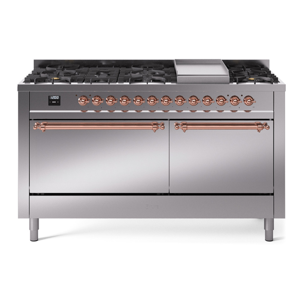 ILVE UP60FQNMPSSP Nostalgie II 60 inch Dual Fuel Range with 5.8 cu. ft. Total Double Oven Capacity (9 Sealed Burners + Griddle, Natural Gas, Solid Door, Stainless Steel, Copper) 1 UP60FQNMPSSP