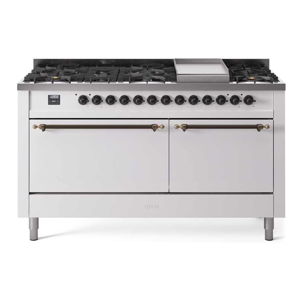 ILVE UP60FQNMPWHBLP Nostalgie II 60 inch Dual Fuel Range with 5.8 cu. ft. Total Double Oven Capacity (9 Sealed Burners + Griddle, Liquid Propane, Solid Door, White, Burnished) 1 UP60FQNMPWHBLP