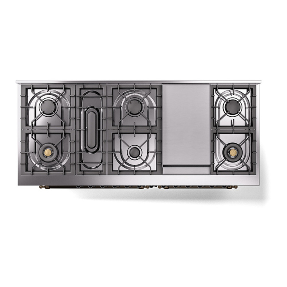 ILVE UP60FQNMPWHBLP Nostalgie II 60 inch Dual Fuel Range with 5.8 cu. ft. Total Double Oven Capacity (9 Sealed Burners + Griddle, Liquid Propane, Solid Door, White, Burnished) 6 ILVE_UP60FQNMPWHBLP_Nostalgie_II_Dual_Fuel_Range_top_view
