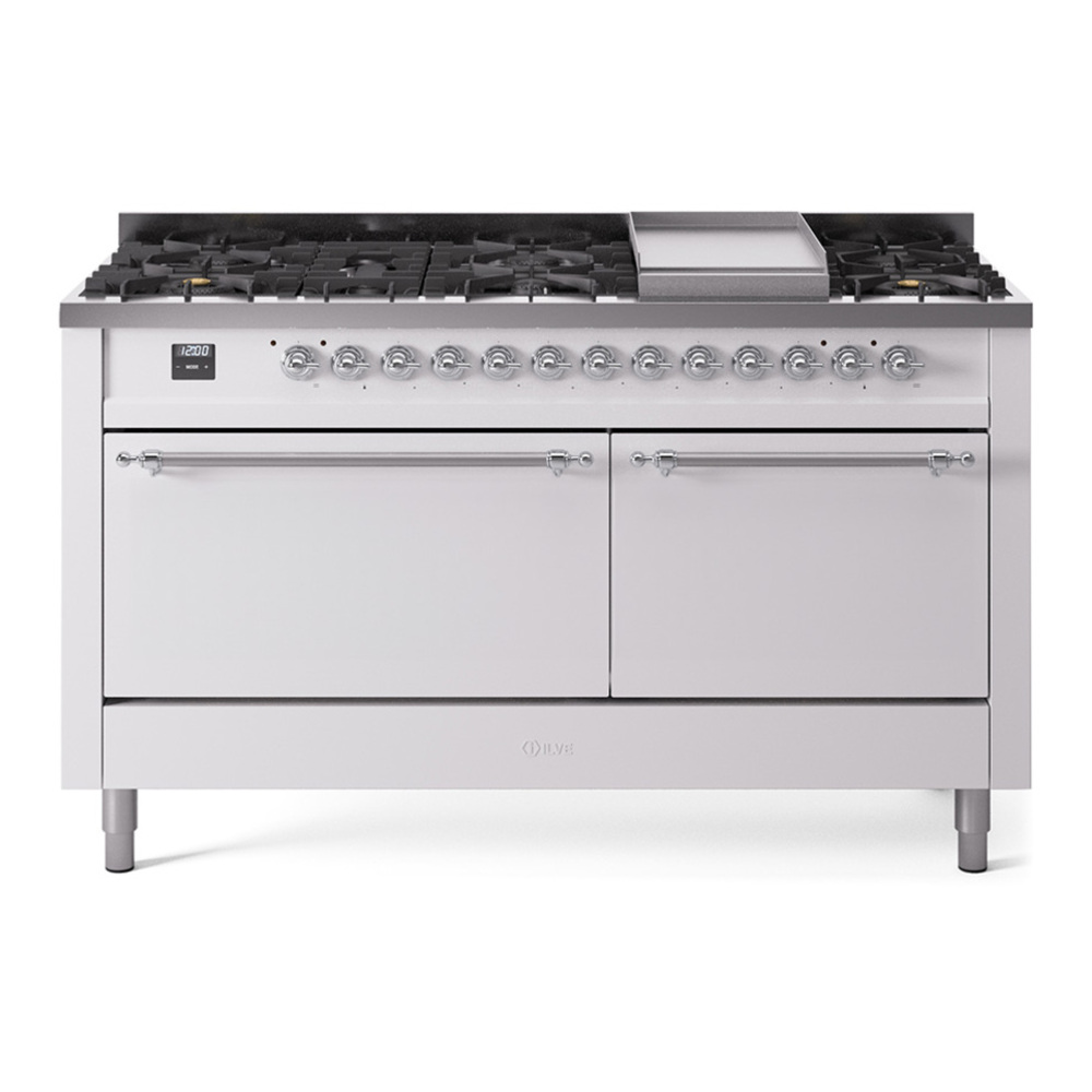 ILVE UP60FQNMPWHCLP Nostalgie II 60 inch Dual Fuel Range with 5.8 cu. ft. Total Double Oven Capacity (9 Sealed Burners + Griddle, Liquid Propane, Solid Door, White, Chrome) 1 UP60FQNMPWHCLP