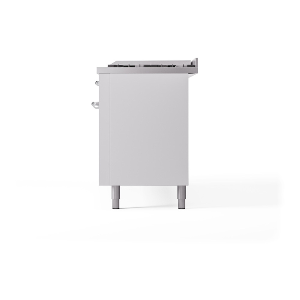 ILVE UP60FQNMPWHCLP Nostalgie II 60 inch Dual Fuel Range with 5.8 cu. ft. Total Double Oven Capacity (9 Sealed Burners + Griddle, Liquid Propane, Solid Door, White, Chrome) 8 ILVE_UP60FQNMPWHCLP_Nostalgie_II_Dual_Fuel_Range_Right_Angle