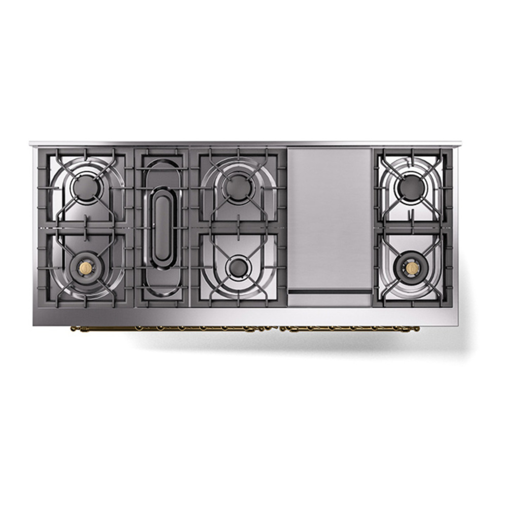 ILVE UP60FQNMPWHGLP Nostalgie II 60 inch Dual Fuel Range with 5.8 cu. ft. Total Double Oven Capacity (9 Sealed Burners + Griddle, Liquid Propane, Solid Door, White, Brass) 6 ILVE_UP60FQNMPWHGLP_Nostalgie_II_Dual_Fuel_Range_top_view