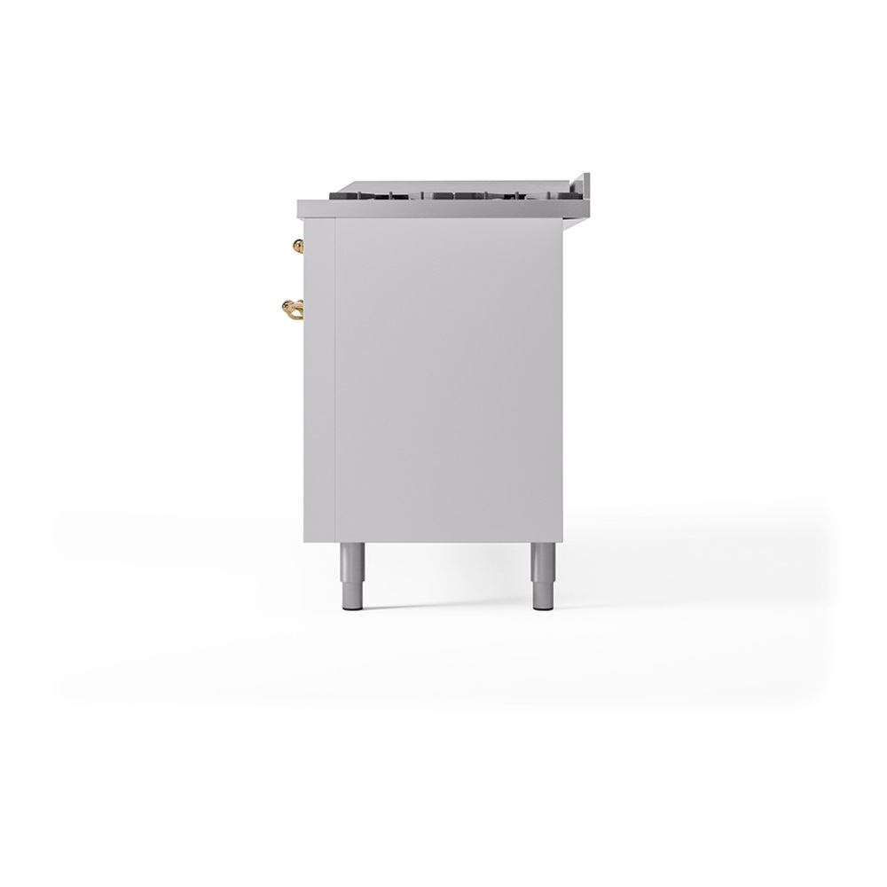 ILVE UP60FQNMPWHGLP Nostalgie II 60 inch Dual Fuel Range with 5.8 cu. ft. Total Double Oven Capacity (9 Sealed Burners + Griddle, Liquid Propane, Solid Door, White, Brass) 8 ILVE_UP60FQNMPWHGLP_Nostalgie_II_Dual_Fuel_Range_Right_Angle