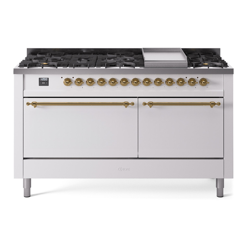 ILVE UP60FQNMPWHG Nostalgie II 60 inch Dual Fuel Range with 5.8 cu. ft. Total Double Oven Capacity (9 Sealed Burners + Griddle, Natural Gas, Solid Door, White, Brass) 1 UP60FQNMPWHG