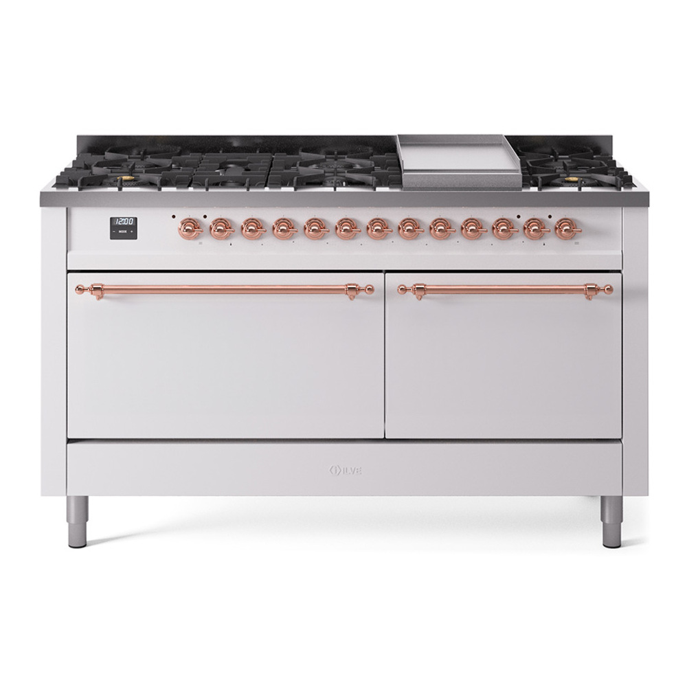 ILVE UP60FQNMPWHP Nostalgie II 60 inch Dual Fuel Range with 5.8 cu. ft. Total Double Oven Capacity (9 Sealed Burners + Griddle, Natural Gas, Solid Door, White, Copper) 1 UP60FQNMPWHP
