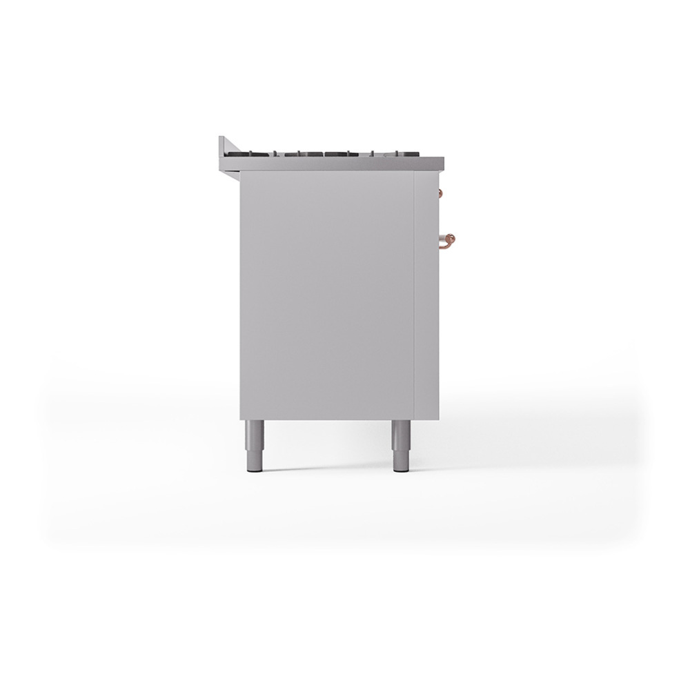ILVE UP60FQNMPWHP Nostalgie II 60 inch Dual Fuel Range with 5.8 cu. ft. Total Double Oven Capacity (9 Sealed Burners + Griddle, Natural Gas, Solid Door, White, Copper) 7 ILVE_UP60FQNMPWHP_Nostalgie_II_Dual_Fuel_Range_Left_Angle