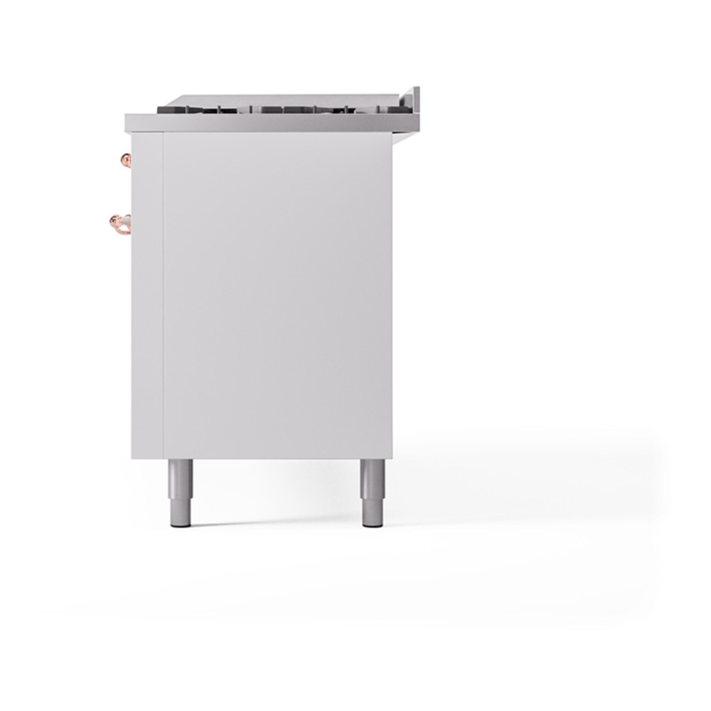ILVE UP60FQNMPWHP Nostalgie II 60 inch Dual Fuel Range with 5.8 cu. ft. Total Double Oven Capacity (9 Sealed Burners + Griddle, Natural Gas, Solid Door, White, Copper) 8 ILVE_UP60FQNMPWHP_Nostalgie_II_Dual_Fuel_Range_Right_Angle