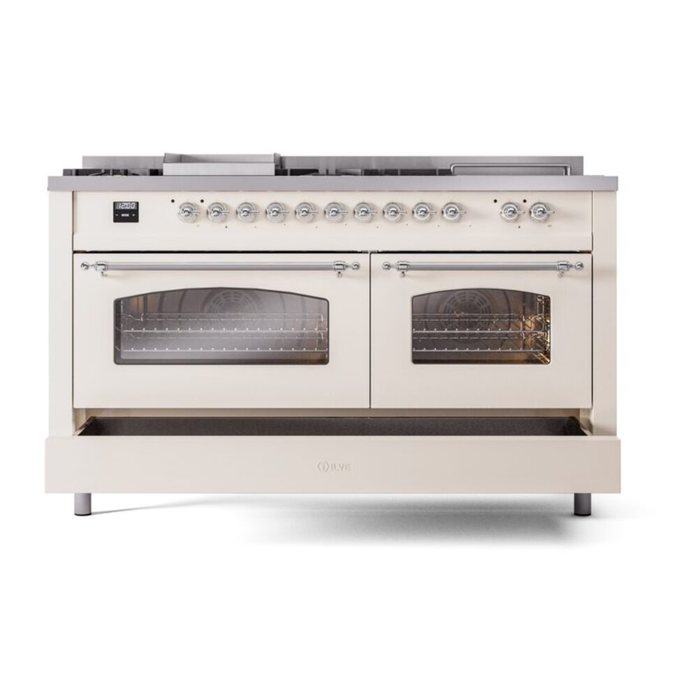 ILVE UP60FSNMPAWCLP Nostalgie II 60" Dual Fuel Range, drawer opened