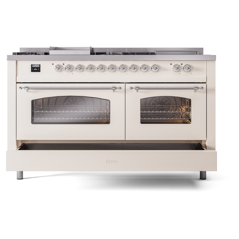 ILVE UP60FSNMPAWC Nostalgie II 60" Dual Fuel Range, drawer opened