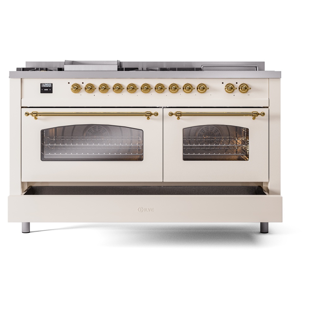 ILVE UP60FSNMPAWG Nostalgie II 60" Dual Fuel Range, drawer opened