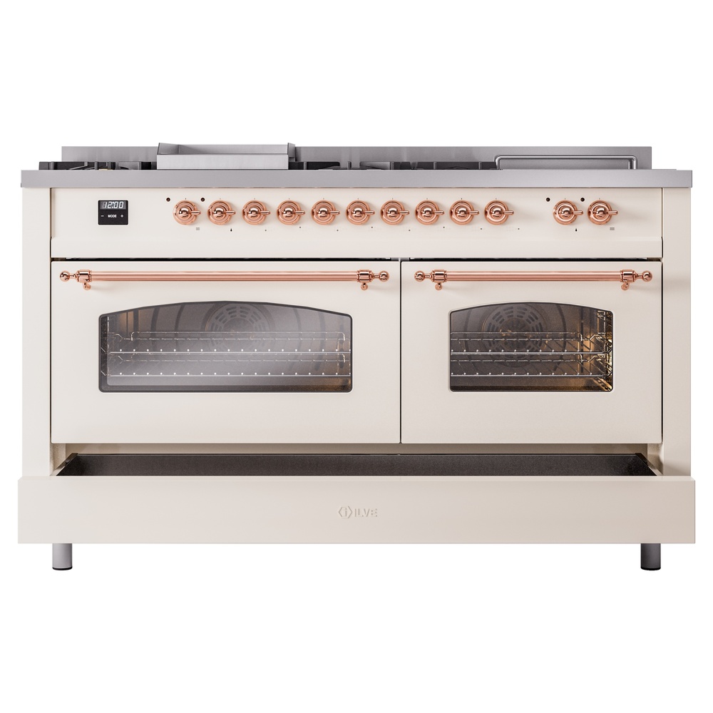 ILVE UP60FSNMPAWPLP Nostalgie II 60" Dual Fuel Range, drawer opened