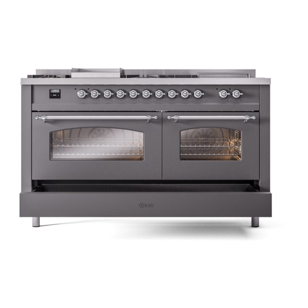 ILVE UP60FSNMPMGC Nostalgie II 60" Dual Fuel Range, drawer opened