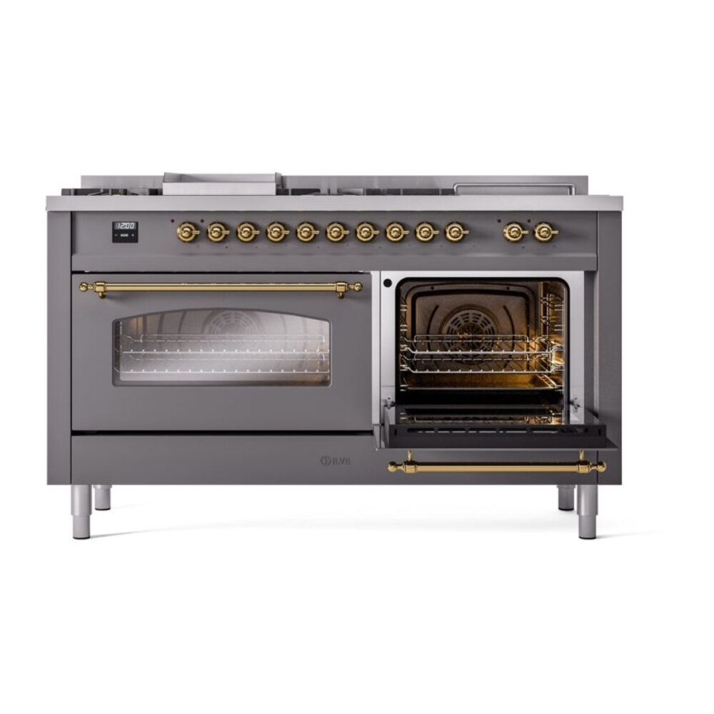 ILVE UP60FSNMPMGG Nostalgie II 60" Dual Fuel Range, side oven door opened