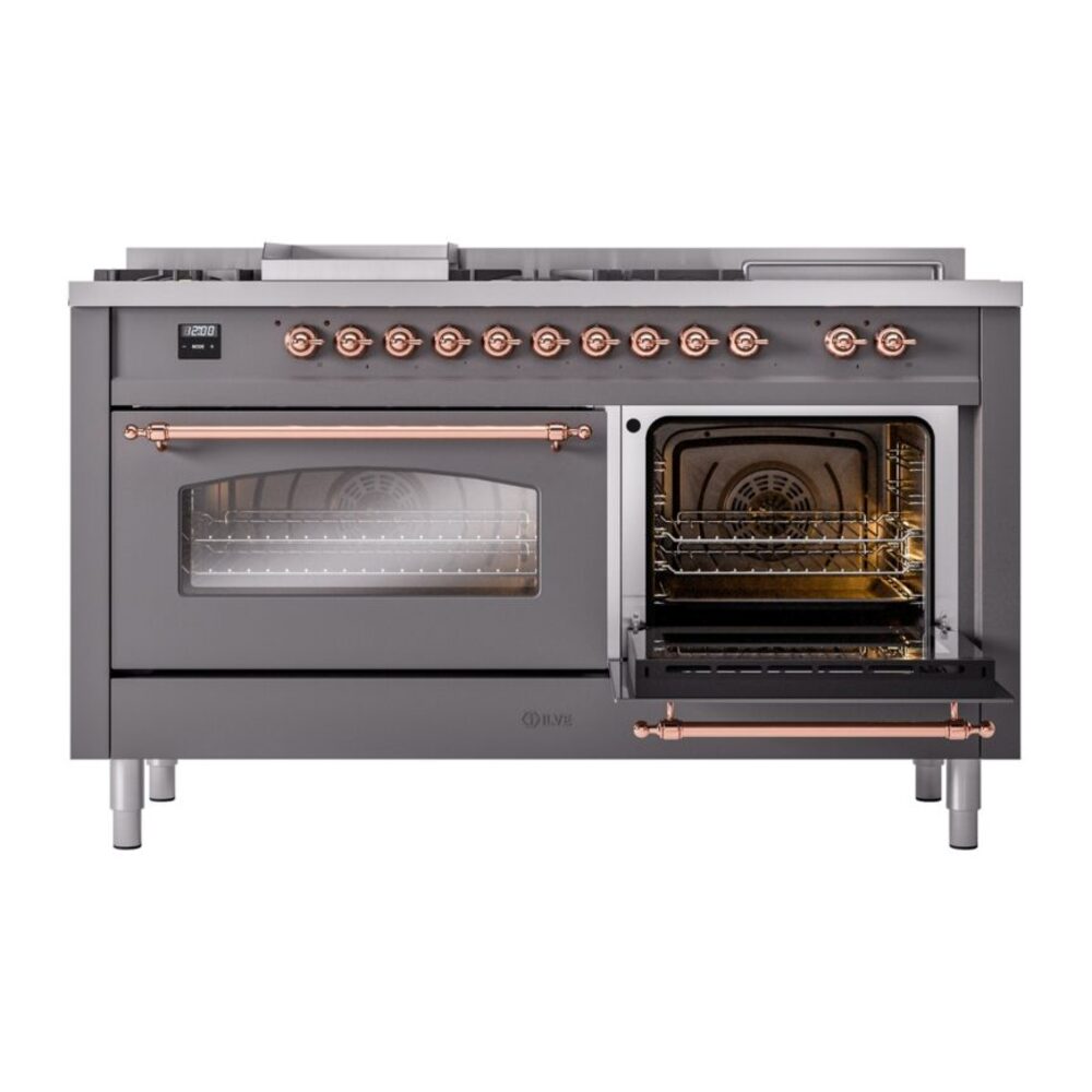 ILVE UP60FSNMPMGP Nostalgie II 60" Dual Fuel Range, side oven door opened