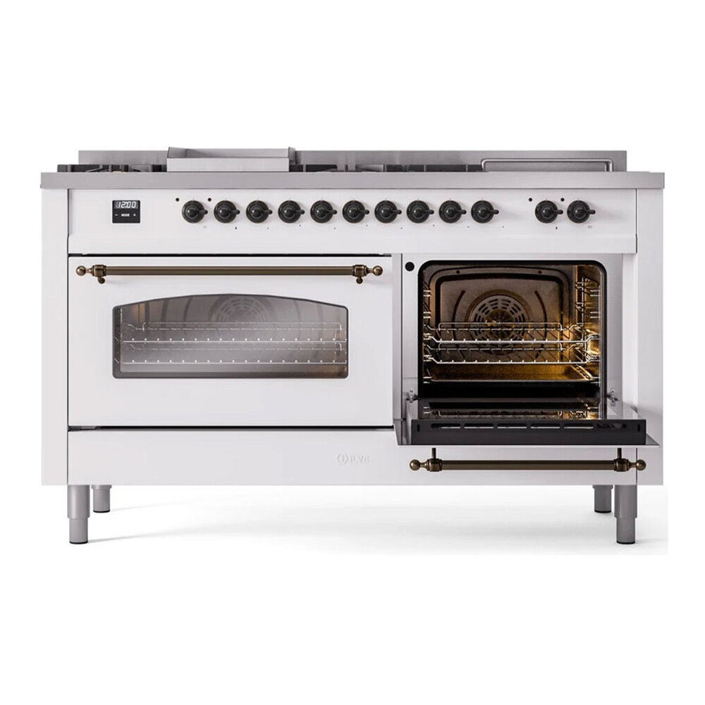 ILVE UP60FSNMPWHBLP Nostalgie II 60 inch Dual Fuel Range with 5.8 cu. ft. Total Double Oven Capacity (7 Sealed Burners + Griddle + French Top, Liquid Propane, Triple Glass Door, White, Burnished) 7 ILVE UP60F Nostalgie II 60 inch Dual Fuel Range with 5.8 cu. ft. Total Double Oven Capacity