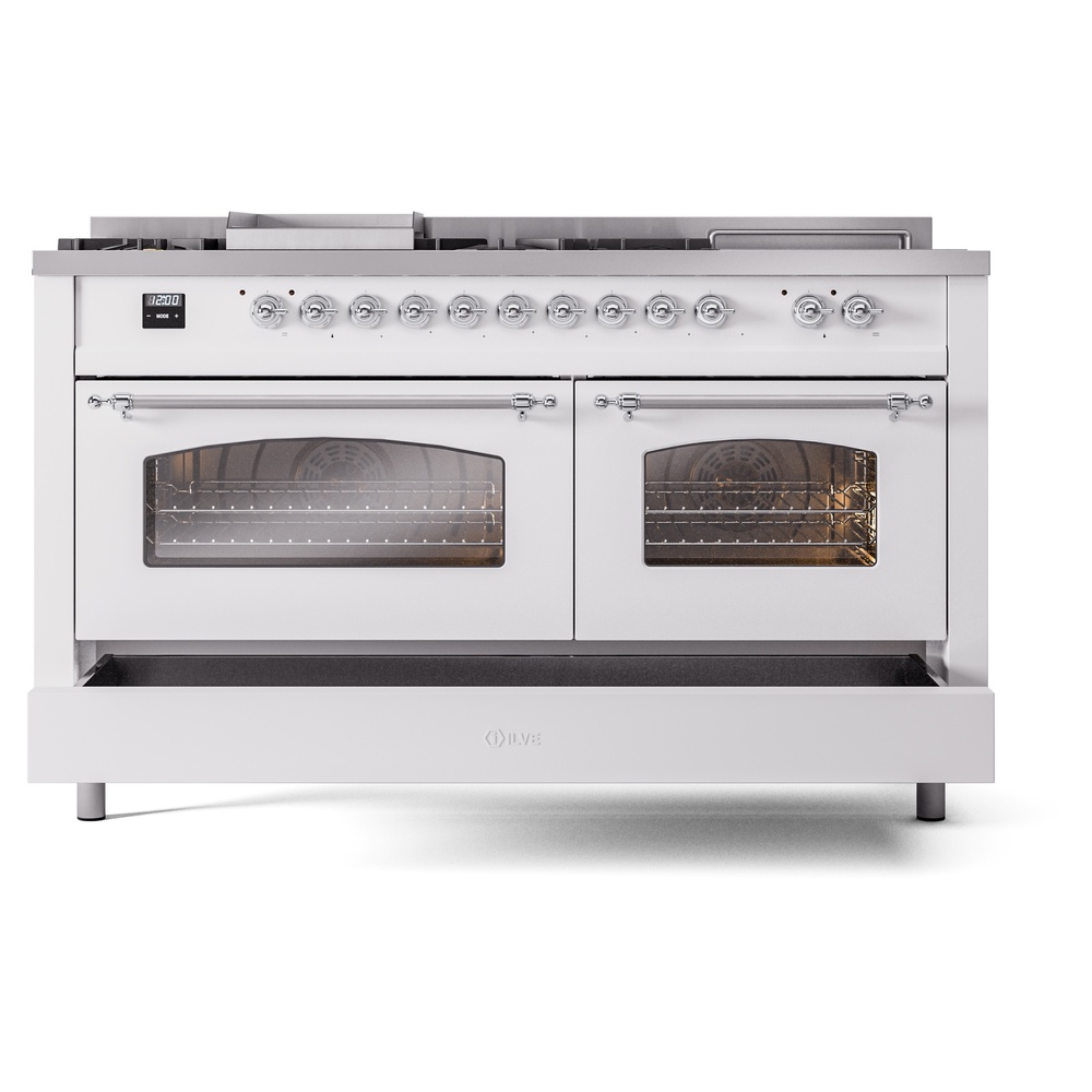 ILVE UP60FSNMPWHCLP Nostalgie II 60" Dual Fuel Range, drawer opened