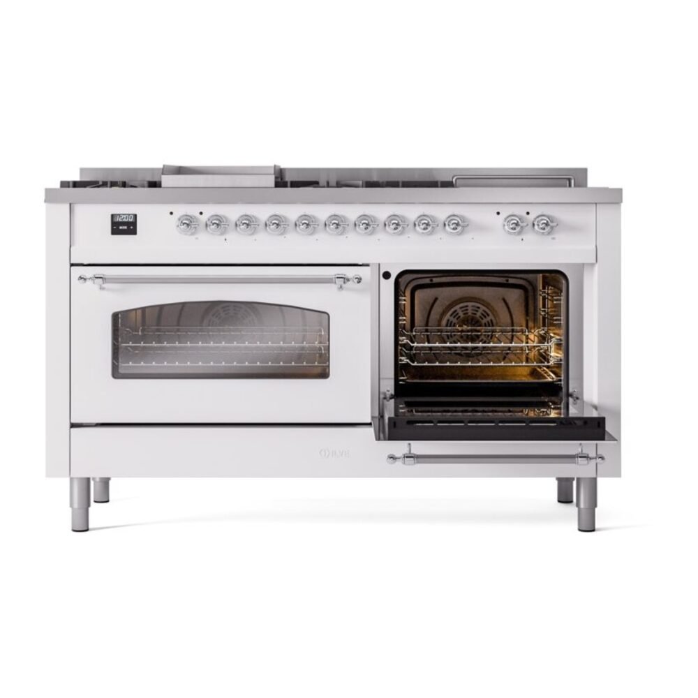 ILVE UP60FSNMPWHC Nostalgie II 60" Dual Fuel Range, side oven door opened
