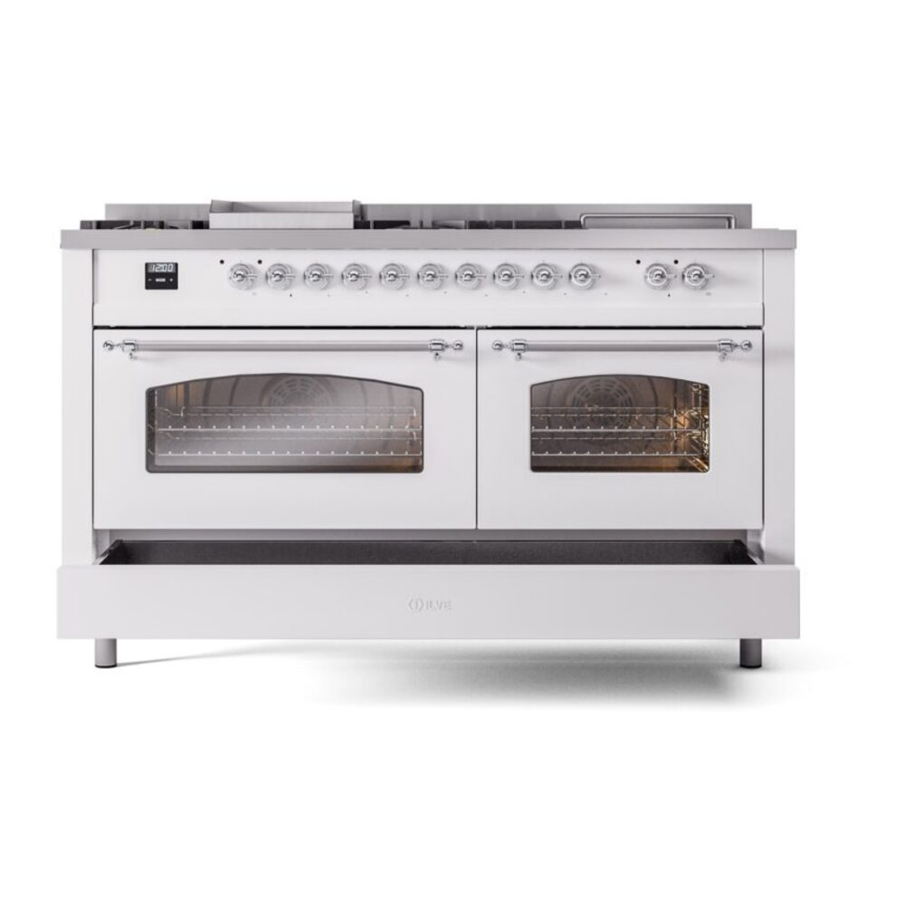 ILVE UP60FSNMPWHC Nostalgie II 60" Dual Fuel Range, drawer opened