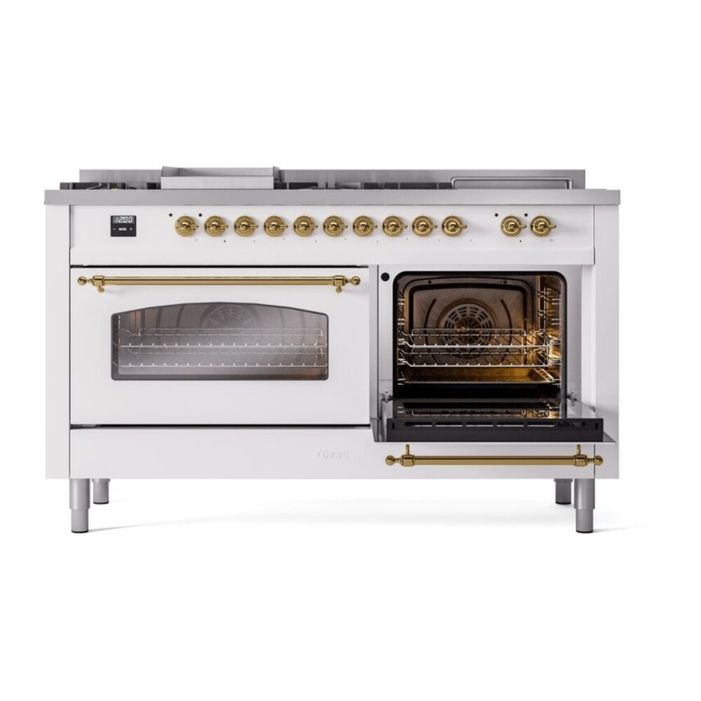 ILVE UP60FSNMPWHGLP Nostalgie II 60" Dual Fuel Range, side oven door opened