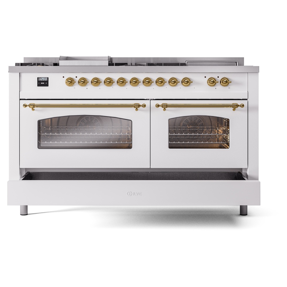 ILVE UP60FSNMPWHGLP Nostalgie II 60" Dual Fuel Range, drawer opened
