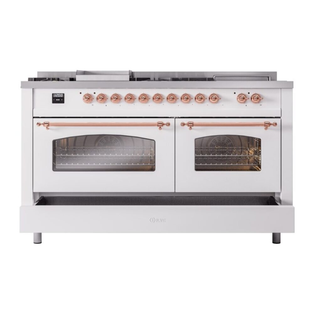 ILVE UP60FSNMPWHPLP Nostalgie II 60" Dual Fuel Range, drawer opened