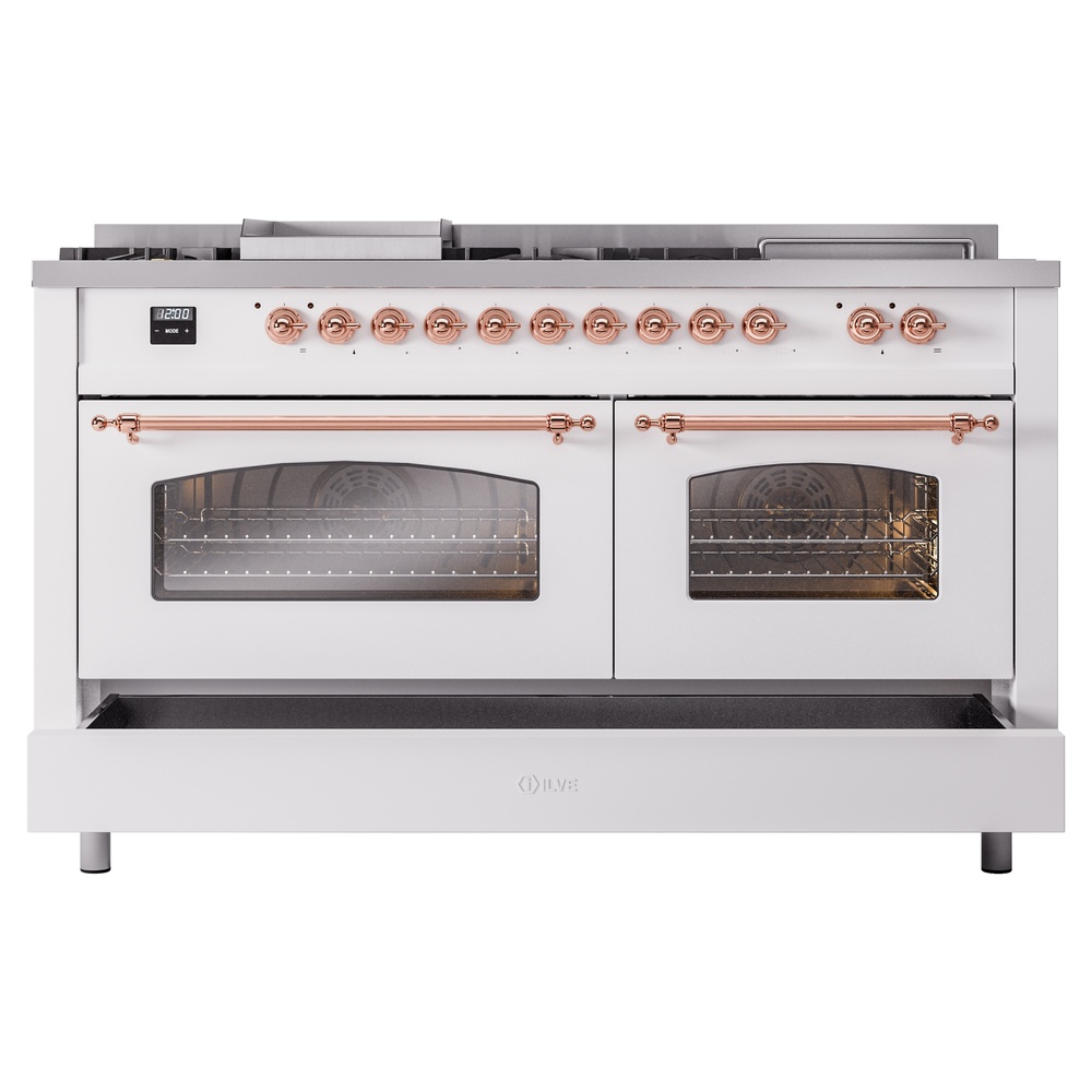 ILVE UP60FSNMPWHPLP Nostalgie II 60" Dual Fuel Range, drawer opened