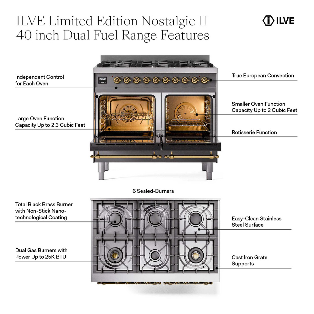 ILVE UPD406NMP Nostalgie II 40 inch Dual Fuel Range with 6 Total Black Brass Burners, Brass Trim (Limited Edition)