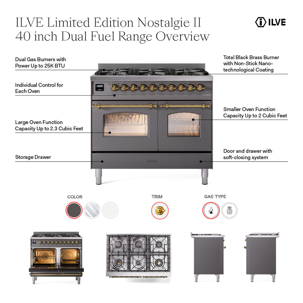 ILVE UPD406NMP Nostalgie II 40 inch Dual Fuel Range with 6 Total Black Brass Burners, Brass Trim (Limited Edition)