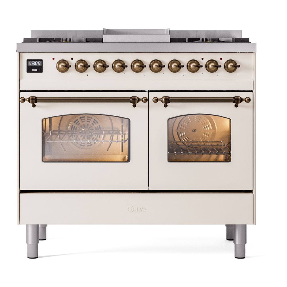 ILVE UPD40FNMPAWBLP Nostalgie II 40 inch Dual Fuel Range with Double Ovens, 6 Burners and Griddle (Liquid Propane, Triple Glass Door, Antique White, Burnished) 5 ILVE UPD40FNMPAWBLP Nostalgie II 40" Dual Fuel Range, front view