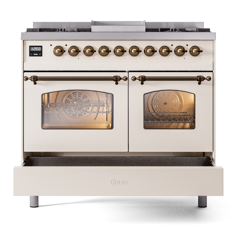 ILVE UPD40FNMPAWBLP Nostalgie II 40 inch Dual Fuel Range with Double Ovens, 6 Burners and Griddle (Liquid Propane, Triple Glass Door, Antique White, Burnished) 9 ILVE UPD40FNMPAWBLP Nostalgie II 40" Dual Fuel Range, drawer opened