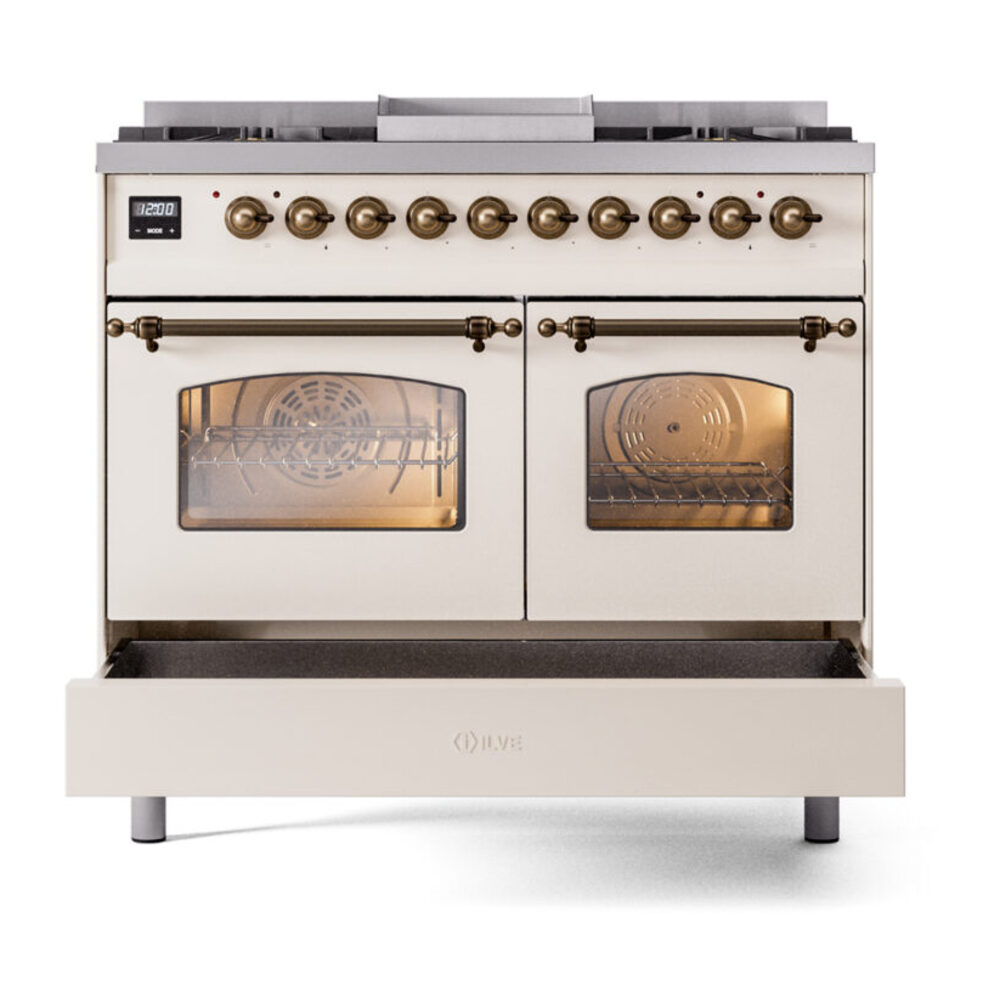ILVE UPD40FNMPAWBLP Nostalgie II 40" Dual Fuel Range, drawer opened