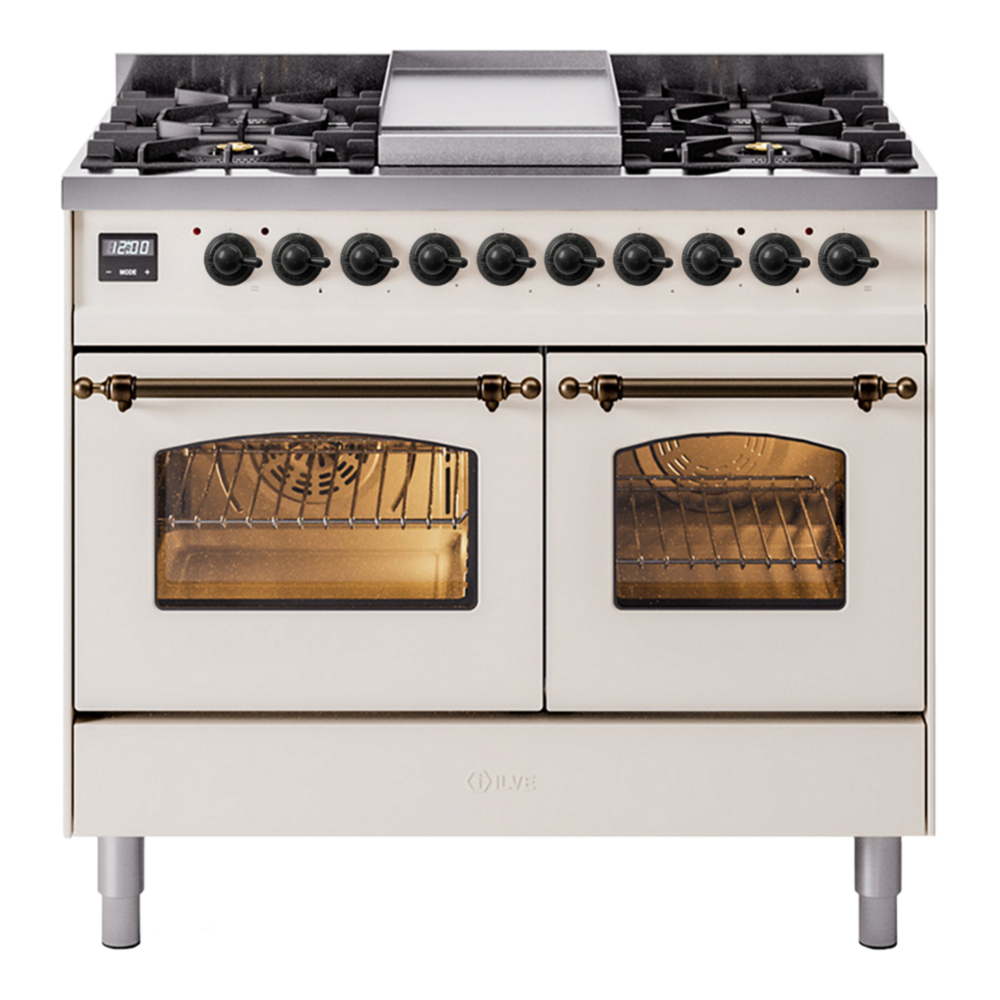 ILVE UPD40FNMPAWB Nostalgie II 40 inch Dual Fuel Range with Double Ovens, 6 Burners and Griddle (Natural Gas, Triple Glass Door, Antique White, Burnished) 1 UPD40FNMPAWB