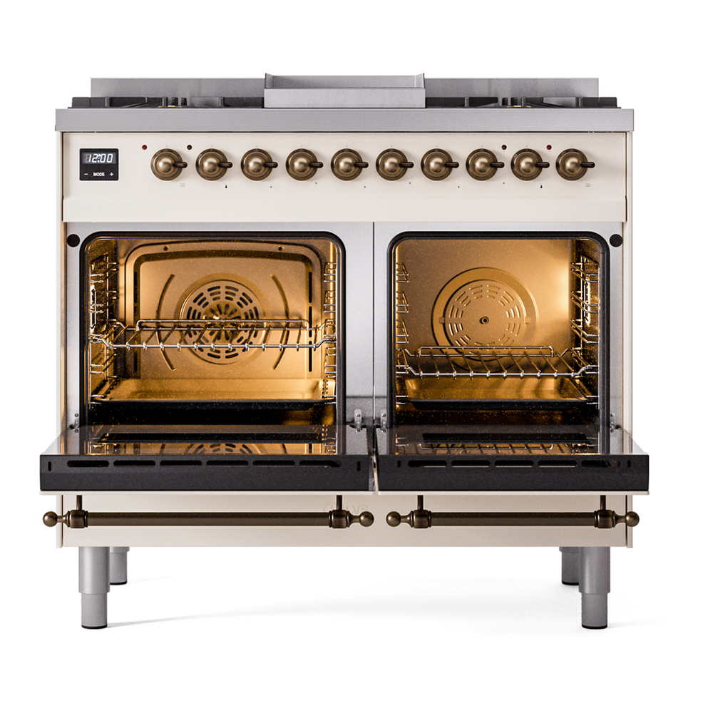 ILVE UPD40FNMPAWB Nostalgie II 40 inch Dual Fuel Range with Double Ovens, 6 Burners and Griddle (Natural Gas, Triple Glass Door, Antique White, Burnished) 6 ILVE UPD40FNMPAWB Nostalgie II 40" Dual Fuel Range, oven door opened