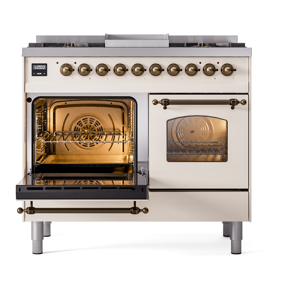 ILVE UPD40FNMPAWB Nostalgie II 40 inch Dual Fuel Range with Double Ovens, 6 Burners and Griddle (Natural Gas, Triple Glass Door, Antique White, Burnished) 7 ILVE UPD40FNMPAWB Nostalgie II 40" Dual Fuel Range, main oven door opened