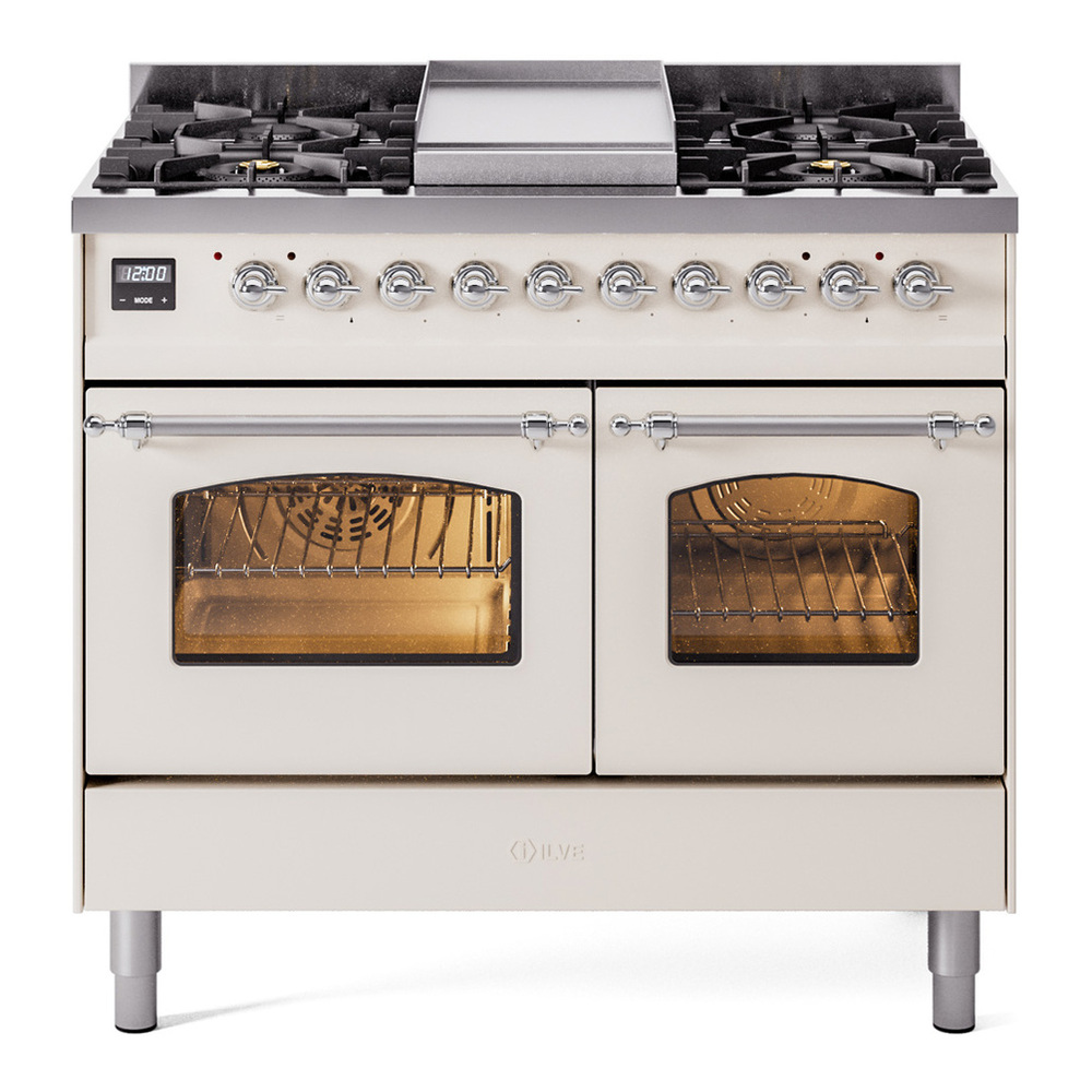 ILVE UPD40FNMPAWC Nostalgie II 40 inch Dual Fuel Range with Double Ovens, 6 Burners and Griddle (Natural Gas, Triple Glass Door, Antique White, Chrome) 1 UPD40FNMPAWC