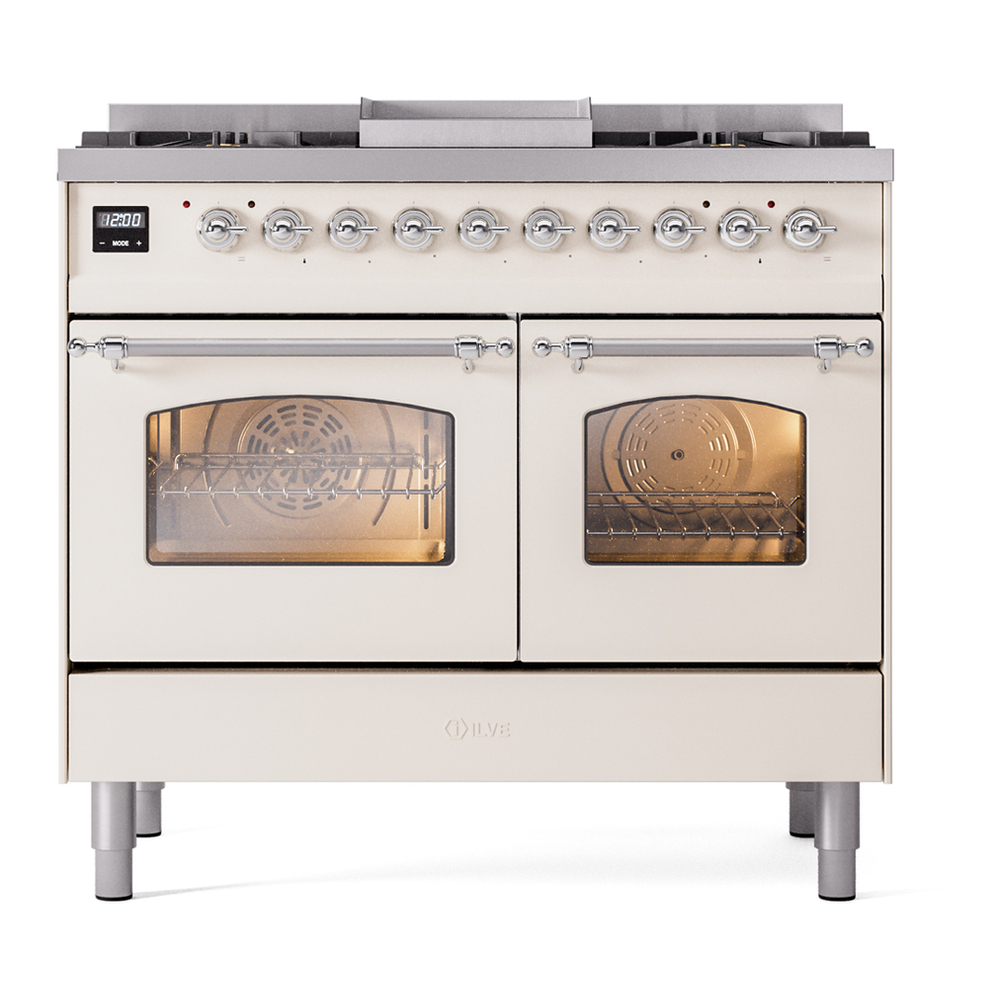 ILVE UPD40FNMPAWC Nostalgie II 40 inch Dual Fuel Range with Double Ovens, 6 Burners and Griddle (Natural Gas, Triple Glass Door, Antique White, Chrome) 5 ILVE UPD40FNMPAWC Nostalgie II 40" Dual Fuel Range, front view