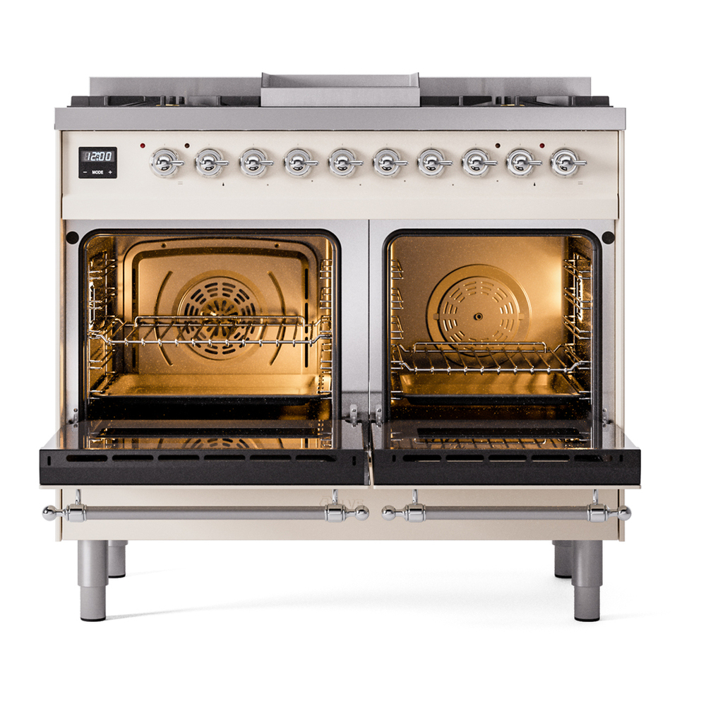 ILVE UPD40FNMPAWC Nostalgie II 40 inch Dual Fuel Range with Double Ovens, 6 Burners and Griddle (Natural Gas, Triple Glass Door, Antique White, Chrome) 6 ILVE UPD40FNMPAWC Nostalgie II 40" Dual Fuel Range, oven doors opened