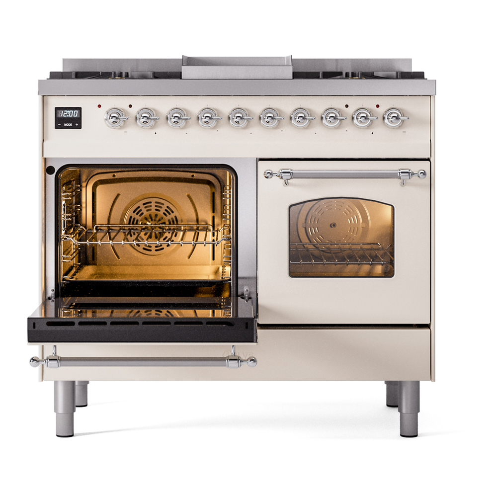 ILVE UPD40FNMPAWC Nostalgie II 40 inch Dual Fuel Range with Double Ovens, 6 Burners and Griddle (Natural Gas, Triple Glass Door, Antique White, Chrome) 7 ILVE UPD40FNMPAWC Nostalgie II 40" Dual Fuel Range, main oven door opened