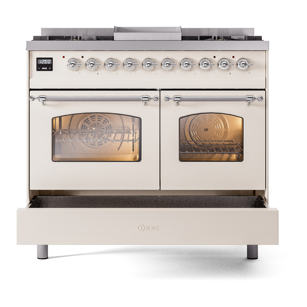 ILVE UPD40FNMPAWC Nostalgie II 40 inch Dual Fuel Range with Double Ovens, 6 Burners and Griddle (Natural Gas, Triple Glass Door, Antique White, Chrome) 9 ILVE UPD40FNMPAWC Nostalgie II 40" Dual Fuel Range, drawer opened