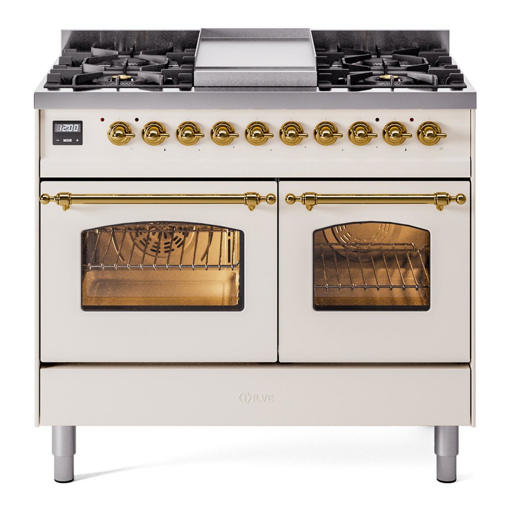 ILVE UPD40FNMPAWG Nostalgie II 40 inch Dual Fuel Range with Double Ovens, 6 Burners and Griddle (Natural Gas, Triple Glass Door, Antique White, Brass) 1 UPD40FNMPAWG
