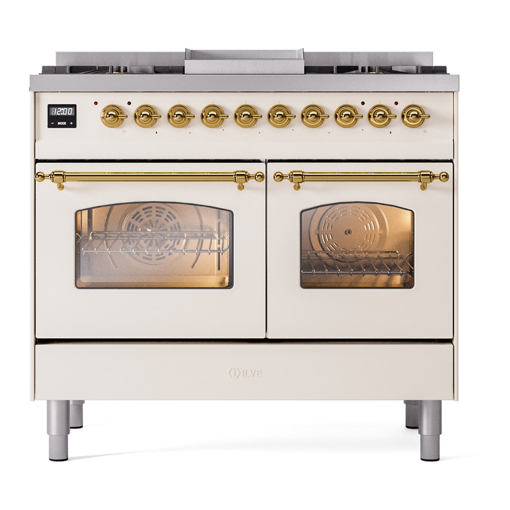 ILVE UPD40FNMPAWG Nostalgie II 40 inch Dual Fuel Range with Double Ovens, 6 Burners and Griddle (Natural Gas, Triple Glass Door, Antique White, Brass) 5 ILVE UPD40FNMPAWG Nostalgie II 40" Dual Fuel Range, front view
